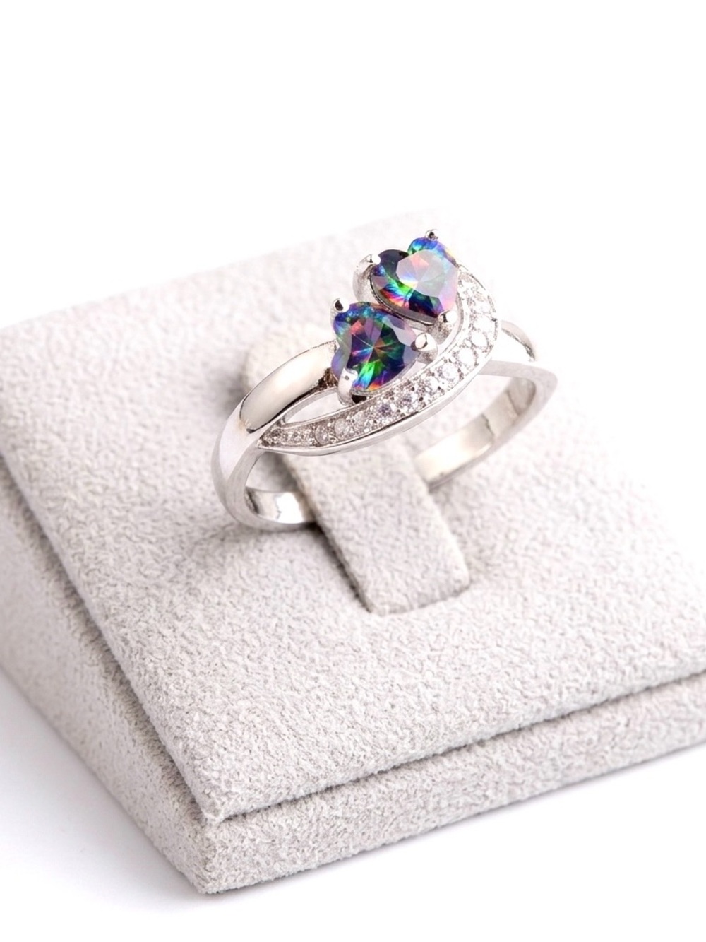 New S925 Sterling Silver Rainbow Topaz & White Topaz Two Hearts In Love Ring